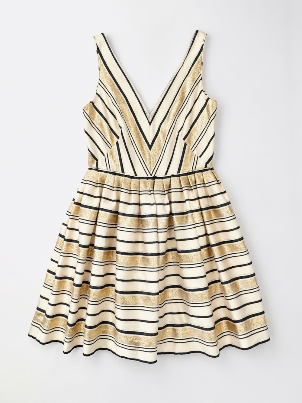 J.Crew Cream, Black, Gold Metallic Stripe Fit & Flare Dress – Size 2 - Picture 2 of 10